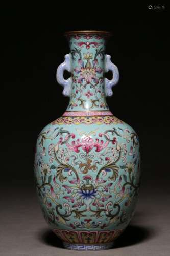 Turquoise green glazed famille rose amphora with floral patt...
