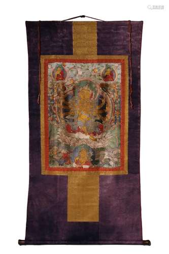 Avalokitesvara thangka with flower thread embroidery in Qing...