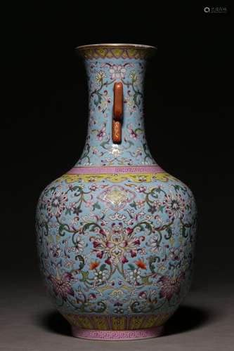 Turquoise green glazed famille rose amphora with floral patt...