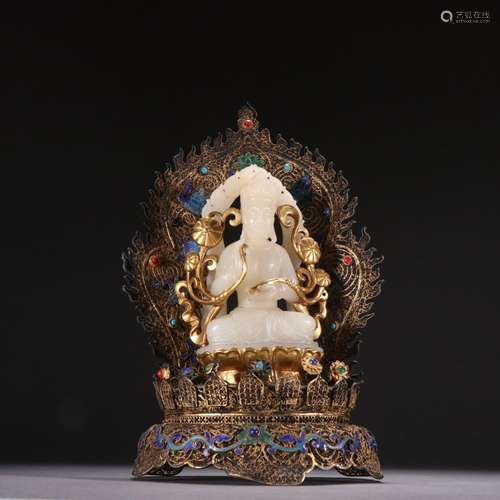 Silver Gilt Inlaid Hetian Jade Guanyin Ornament