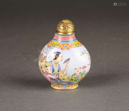 Chinese bronze painted enamel snuff bottle, 18th