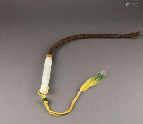 Chinese Hotan White Jade Carved Horse Whip, Qianlong