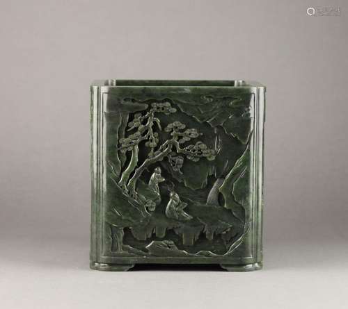 China Hotan jasper carved Large square pen holder, 18th