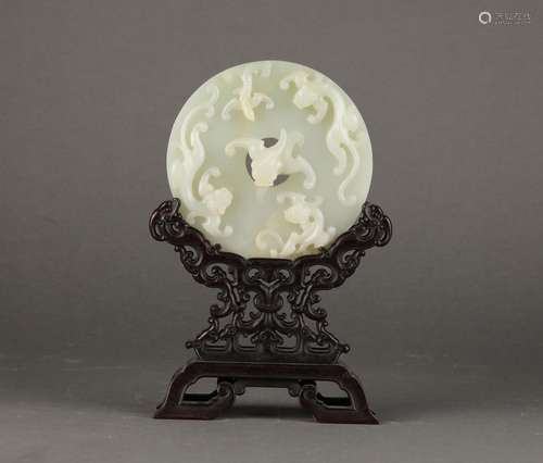 Chinese Hotan white jade and wood carved screen  , 18th