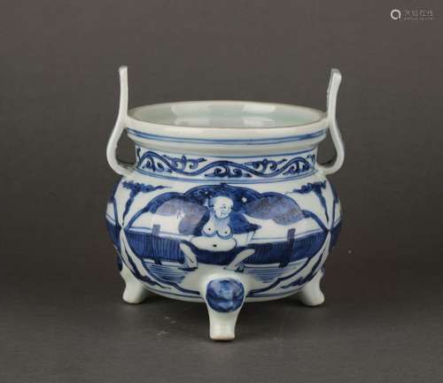 Ancient Chinese blue and white glazed porcelain incense burn...