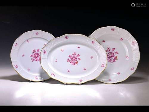 Three large plates, Herend, Indian flower in purple