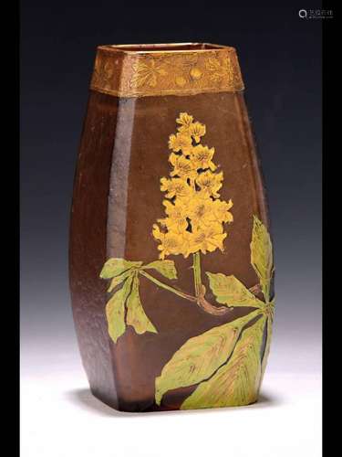 Square vase, Mont Joye France, around 1900, etched brown