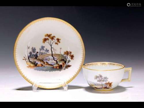 Cup with saucer, Meissen, around 1774 - 1814, fine hunting