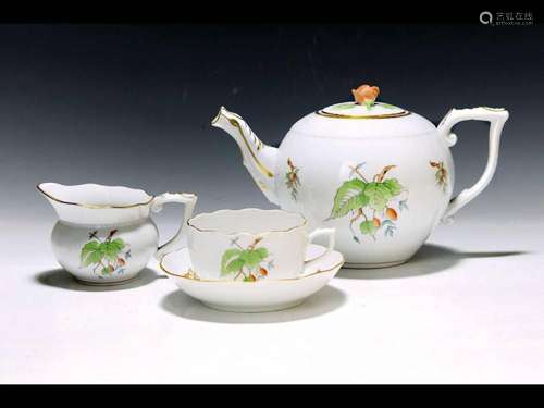 Tea service, Herend Hungary, rosehip decor, teapot, milk