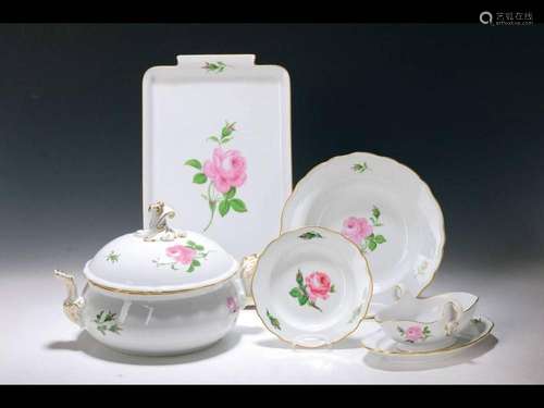 Meissen table service, red rose decor, 6 dinner