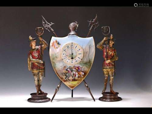 Table clock with coat of arms and two candle holders