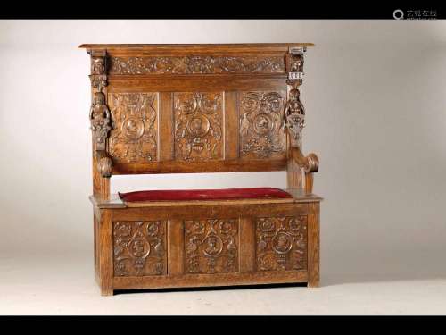 Chest bench, Neo-Gothic, around 1880, solid oak, with