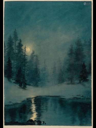 Karl Wolf, 1901-1993, watercolour, winter fullmoon night