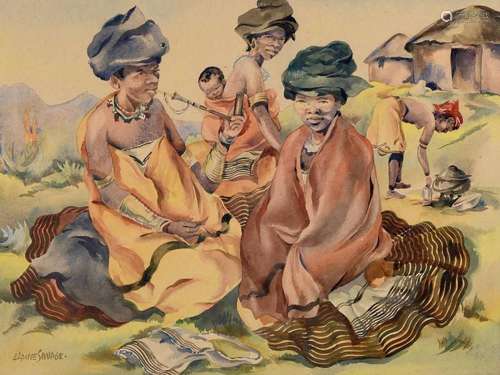 Elaine Savage, 1902, watercolour, group of women