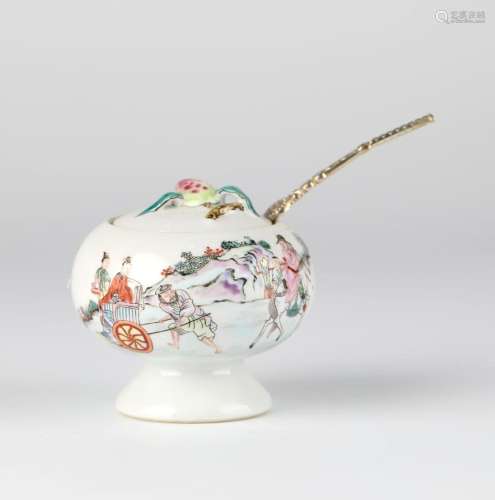 Chinese Famille Rose Covered Bowl w Spoon