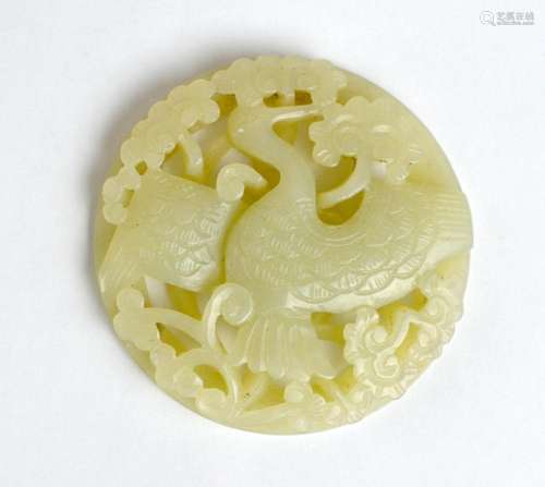 Chinese Carved Circular Jade Plaque w Crane