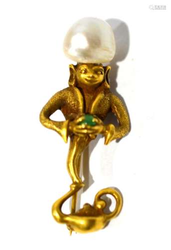 22K Yellow Gold Pearl & Emerald Figure Pin