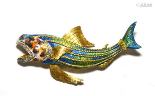 18K Yellow Gold Enameled Fish Brooch