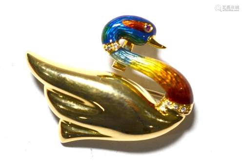 18K Yellow Gold Enamel Swan Pin