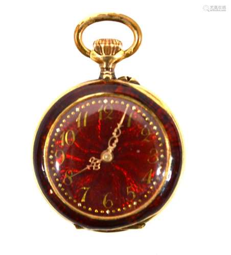 14K Yellow Gold Red Enamel Pocket Watch