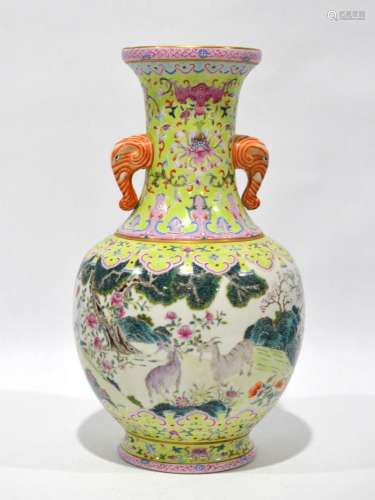 Chinese Famille Rose Vase w Elephant Head Handles