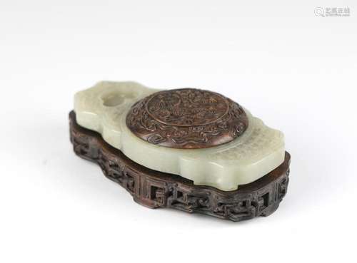 Chinese Carved Jade Ink Stone w Wood Base & Cover