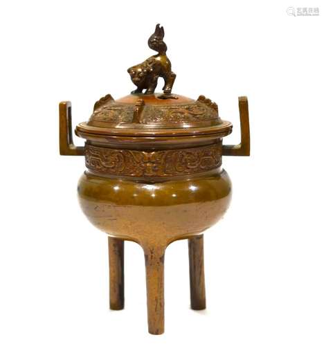 Chinese Bronze Tripod Covered Censer