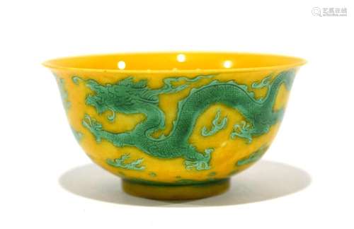 Chinese Green Dragons Yellow Ground Bowl