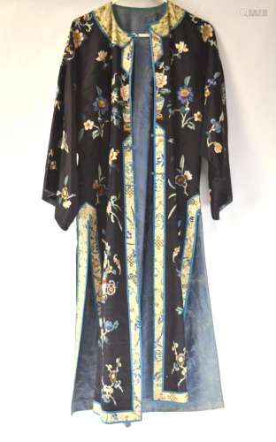Chinese Black Ground Silk Embroidered Lady Robe