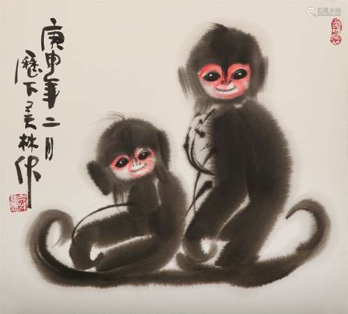韩美林 双猴 纸本设色镜片