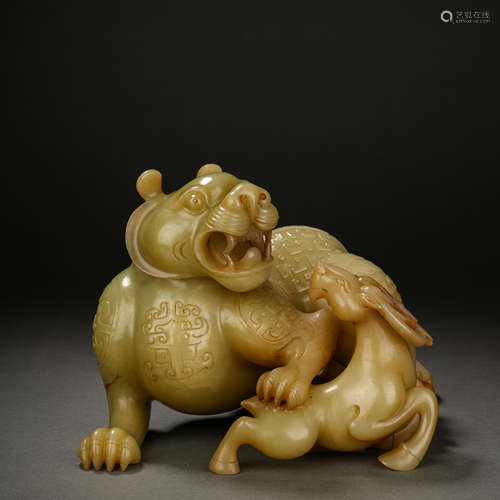 Hetian Jade Tiger Eating Deer Ornament