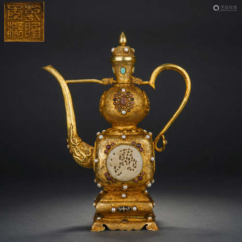 Gilt Bronze Inlaid Gemstone Hetian Jade Ewer