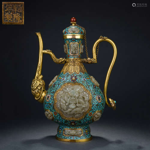 Cloisonné Enamel Inlaid Hetian Jade Dragon Design Ewer