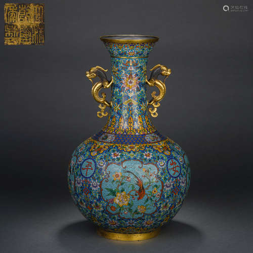 Cloisonné enamel dragon ear vase with patterns of flowers an...