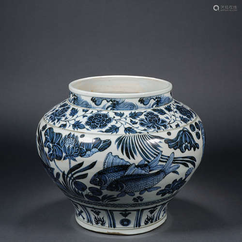 Ming Dynasty Blue and White Fish and Algae Jar