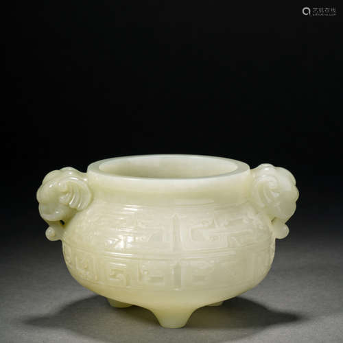 Hetian Jade Chilong Pattern Elephant Ear Censer