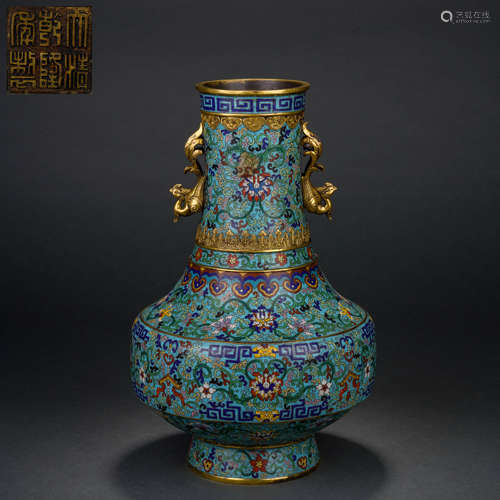 Cloisonné enamel vase with twined flowers and phoenix ears