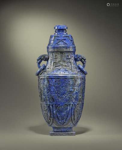 A VERY RARE AND LARGE LAPIS LAZULI ARCHAISTIC BALUSTER VASE ...