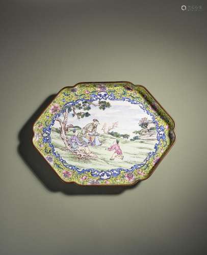 A RARE PAINTED ENAMEL HEXAGONAL TRAY Red-enamelled Qianlong ...