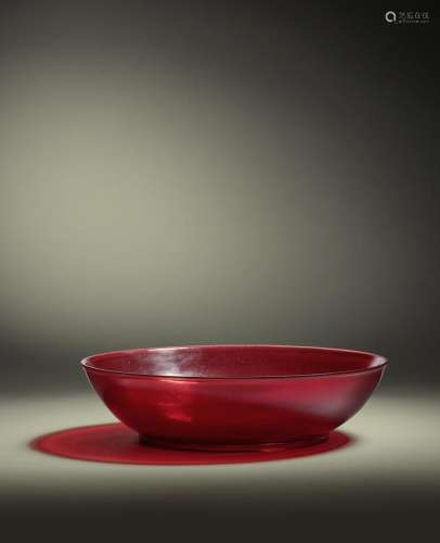 A RUBY-RED GLASS DISH Incised Qianlong four-character mark a...