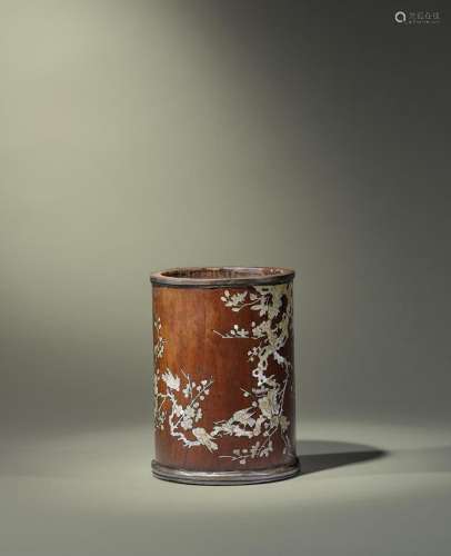 A MOTHER-OF-PEARL INLAID HUANGHUALI BRUSHPOT Early Qing Dyna...