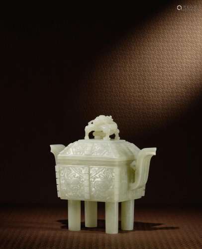 A WHITE JADE ARCHAISTIC INCENSE BURNER AND COVER, FANGDING 1...
