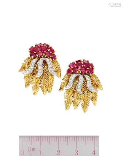 J.E. CALDWELL & CO.: PAIR OF RUBY AND DIAMOND 'FLAME...