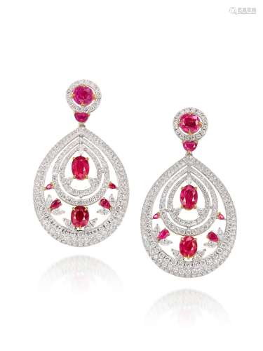 PAIR OF RUBY, PINK SAPPHIRE AND DIAMOND EARRINGS