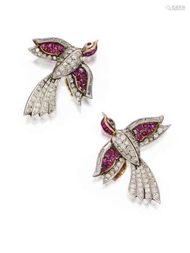 PAIR OF RUBY AND DIAMOND 'SWALLOW' EARCLIPS