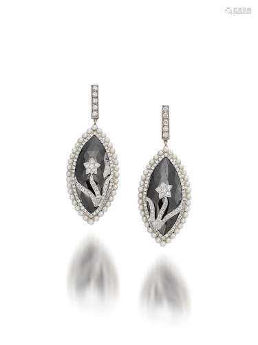CLAUDIA MA: PAIR OF BLACK DIAMOND, CULTURED SEED PEARL AND D...