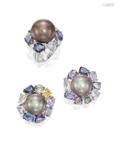 CULTURED PEARL, GEM-SET AND DIAMOND RING AND EARRING SET