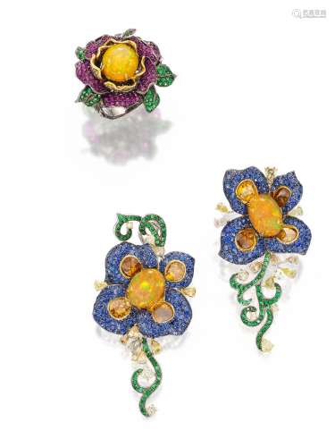 OPAL, GEM-SET AND DIAMOND FLORAL RING AND EARRING SET (2)