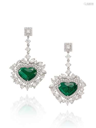 EMERALD AND DIAMOND PENDENT EARRINGS