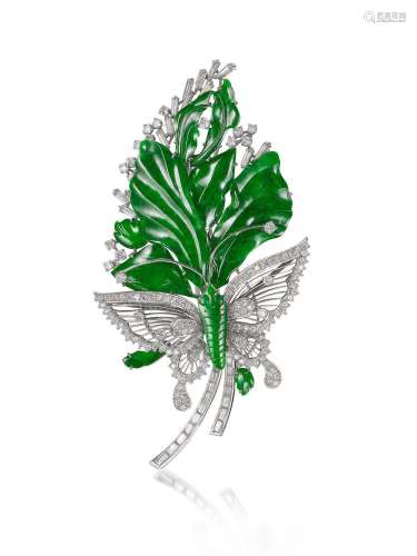 JADEITE AND DIAMOND 'BUTTERFLY AND FOLIAGE' BROOCH